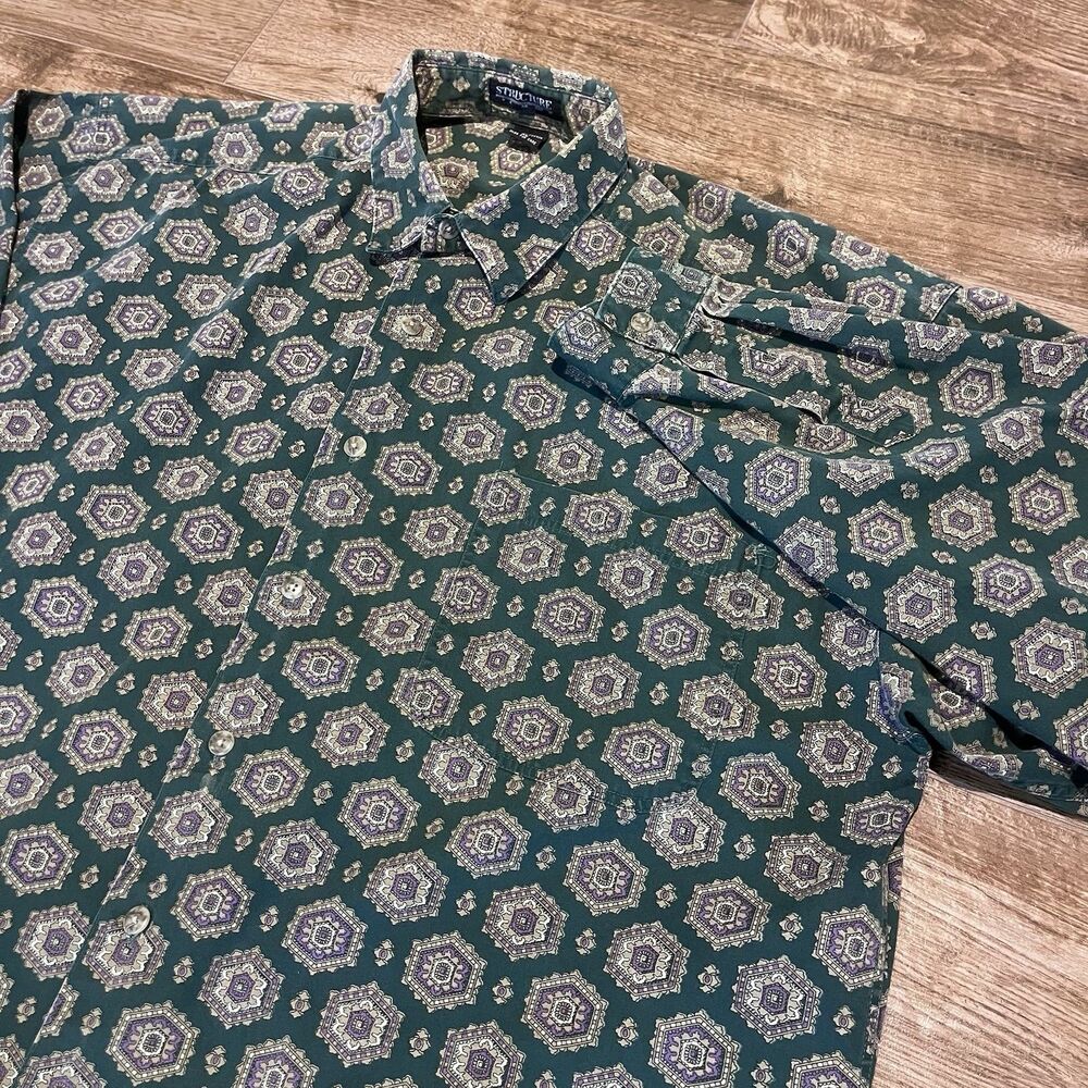 Vintage 90s Structure Mens Size XL Geometric Long Sleeve Button Up Shirt Retro